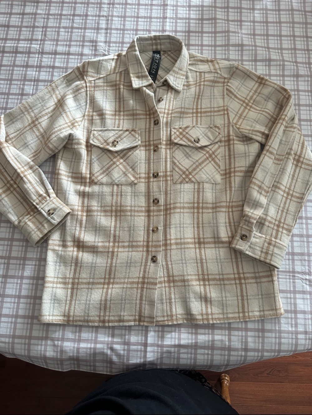 Cream and Tan Plaid Ladies Button-Up Shirt Jacket